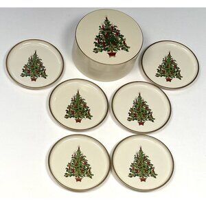 VTG GIBSON Otagiri Lacquer Ivory Christmas Tree 6 COASTER SET w/ Box Japan EUC